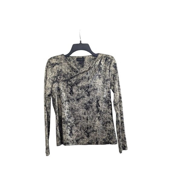 Donna Karan New York Metallic V-Neck Long Sleeve Top | Gold & Black | XS | NWT - Picture 3 of 9